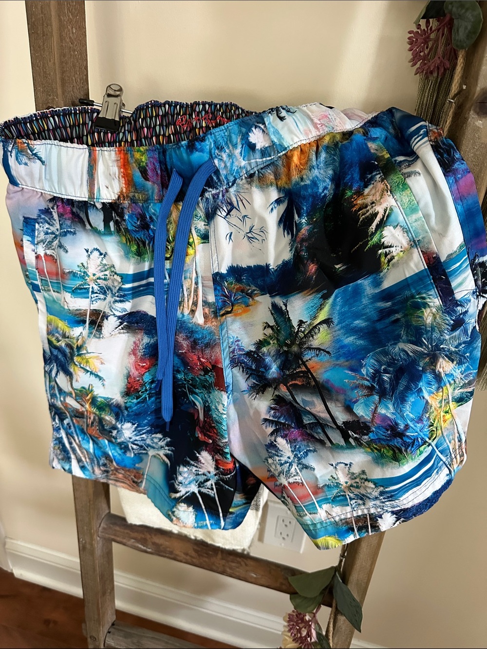 Robert Graham Multicolor Patterned Swim Trunks with Blue Drawstring